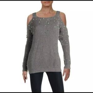 Elam Gray oversized knit pearl balls cold shoulder Sweater‎ Women’s Size S